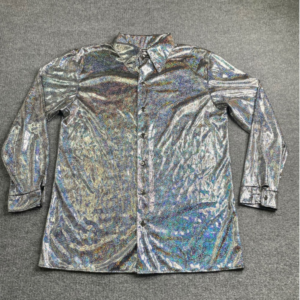 Charades Disco‎ Shirt Mens Small Silver Holographic Swirl Button Up 01859